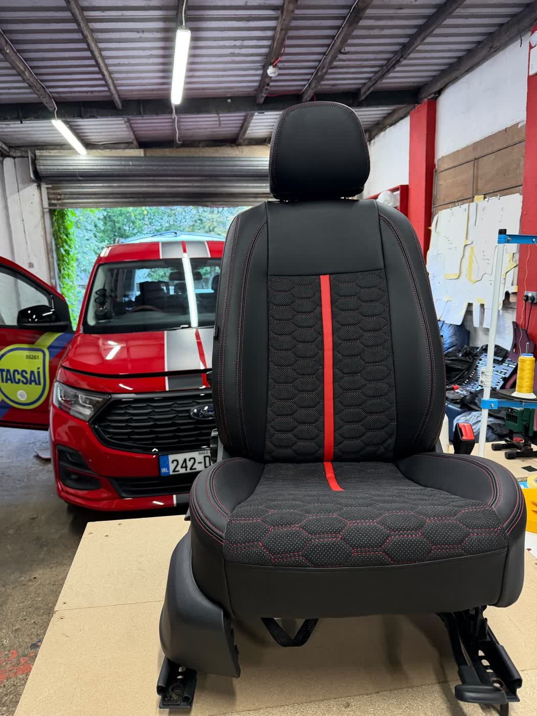 ECO leather honeycomb with red stripe and red stitching (2 of 12)